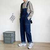 Jinquedai Men's Jeans Denim Overalls Loose Plus Size Cropped Pants Straight Suspenders Jumpsuits Pockets Blue Cowboy Pants Trousers jinquedai