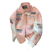 Motorcycle Leather Jacket Unisex High Street Hiphop Pink Bomber Jacket American Vibe Workwear Letter Baseball Uniform jinquedai