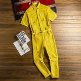 Jinquedai Korean version of Harajuku Summer Casual Short Sleeve Overalls Jumpsuit With Belt Men's  One-piece Single Breasted Trousers jinquedai