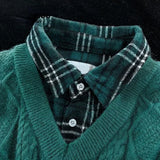 Jinquedai Plaid pattern fake two-piece design long sleeves lapels knit pullover sweaters men high street casual loose fashion versatile jinquedai