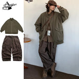 Jinquedai Retro Harajuku Set Men High Street Spring Autumn Bomber Jacket Loose Casual Long-sleeved Shirt Wide-leg Cargo Pants Three-piece jinquedai