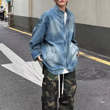 Jinquedai Washed Stand Collar Denim Jacket Men Fashion Street Japanese Harajuku Zipper Cowboy Cardigan Retro Trendy Loose Spring Coats jinquedai