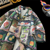 Jinquedai Harajuku Cartoon Colourful Fruit Pattern Short Sleeve Shirt Loose Summer Couple Casual Shirts Men Women Hawaiian Shirt jinquedai