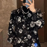 Jinquedai  New Spring and Summer Fashion Trend Casual, Handsome, Non Ironing, Loose, and Luxury Rose Print Men's Long Sleeve Shirt jinquedai