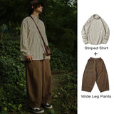 Jinquedai Japanese Vintage Set Men Women Multi-pocket Cargo Vest Spring Autumn Striped Long-sleeved Shirt Loose Casual Pants Three-piece jinquedai