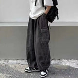 Jinquedai 2024 Spring Autumn Men Baggy Jeans Men Wide Leg Pants Big Pockets Elastic Waist Streetwear Trousers Male Loose Denim Pants jinquedai