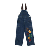 Jinquedai Y2K Retro Street Men Denim Overalls American Hip-hop Letter Embroidered Cowboy Jumpsuit Loose Wide Leg Suspender Pants Unisex jinquedai