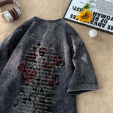 Jinquedai  Men's Vintage Short Sleeve Tshirt Washed T Shirt Rose Graphic T-shirts Letter Printed Casual Oversized Unisex Tee 2024 Male Tops jinquedai