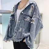 Jinquedai Fashion Blue Ripped Denim Jacket Y2K Distressed Streetwear Hip Hop Broken Hole Jeans Biker Jackets Men's Spring Jackets jinquedai