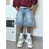Jinquedai American High Street Men's Wide Leg Denim Shorts Summer  New Fashion Casual Baggy Short Jeans Male Chic Burrs Clothes jinquedai