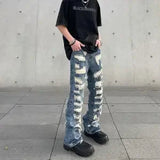 Jinquedai Men's American Vintage Distressed Jeans High Street Straight Tube Loose Fitting Pants Ripped Denim Trendy Y2k mysite