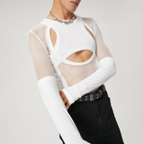 Jinquedai Men T Shirt Mesh Patchwork See Through O-neck Long Sleeve Streetwear Hollow Out Tops Sexy  Fitness Men Clothing jinquedai