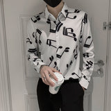 Jinquedai Spring Men's Brand Shirts Dress Black White Musical Note Printing Long Sleeved Mens Korean Floral Shirt Blusas Street Asian Size jinquedai