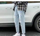 Jinquedai  Summer Slim Fit Jeans for Mens Streetwear Korean Designer Regular Distressed Denim Slim Homme Pants Hip Hop Hole Jeans Trousers jinquedai