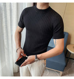 Jinquedai High Quality Summer Short Sleeve Striped Knitted T Shirts For Men Clothing Stretched Slim Fit Casual Tee Shirt Homme 3XL-M jinquedai