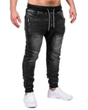 Jinquedai  Solid Color Vintage Man Wrinkle Jeans Blue Classic Cargo Pants Mans Zipper Pockets Hip-hop Denim pants Drawstring Casual Trouser jinquedai