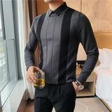 Jinquedai High Quality Simple Fashion Striped Spliced Sweater Men Clothing Fake-2pieces Business Knitted Pullovers Black/Gray 4XL-M jinquedai