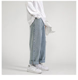 Jinquedai Korean Fashion Men's Baggy Jeans Classic All-match Solid Color Straight-leg Denim Wide-leg Pants Male Light Blue Grey Black jinquedai