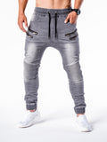 Jinquedai  Solid Color Vintage Man Wrinkle Jeans Blue Classic Cargo Pants Mans Zipper Pockets Hip-hop Denim pants Drawstring Casual Trouser jinquedai