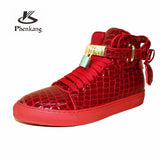 Jinquedai   Men Embossed Crocodile High Top Sneakers Lock Lace Red Flats Real Leather Designer Boots Men‘s Casual Shoes jinquedai