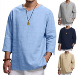 Jinquedai  New Men's V Neck Cotton Linen T Shirts Male Breathable Solid Color Long Sleeve Casual Sports Fashion Linen T-Shirt Tops M-4XL jinquedai