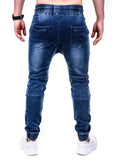 Jinquedai  Solid Color Vintage Man Wrinkle Jeans Blue Classic Cargo Pants Mans Zipper Pockets Hip-hop Denim pants Drawstring Casual Trouser jinquedai