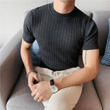 Jinquedai High Quality Summer Short Sleeve Striped Knitted T Shirts For Men Clothing Stretched Slim Fit Casual Tee Shirt Homme 3XL-M jinquedai