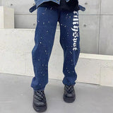 High Street Ink Painted Letter Washed Retro Straight Jeans Pants Mens and Womens Hip Hop Loose Oversized Casual Denim Trousers jinquedai
