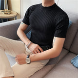 Jinquedai High Quality Summer Short Sleeve Striped Knitted T Shirts For Men Clothing Stretched Slim Fit Casual Tee Shirt Homme 3XL-M jinquedai