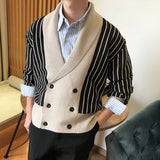 Autumn British Stripe Double Breasted Coat Men Personalized Slim Lapel Sweater Cardigan Trend Los Hombres Abrigos Heren Vesten jinquedai