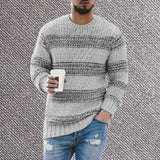 Men Sweater Warm Knitted Pullovers Long Sleeve Sweater Striped Print Casual O Neck Stretchy Knitted Pullover Sweater Streetwear jinquedai