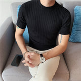 Jinquedai High Quality Summer Short Sleeve Striped Knitted T Shirts For Men Clothing Stretched Slim Fit Casual Tee Shirt Homme 3XL-M jinquedai