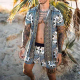 Summer Men Clothing Set Casual Hawaiian Print Short Sleeve Shirt and Beach Shorts Quick-drying 2 Piece Suit jinquedai