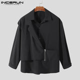 Jinquedai Fashion Men Casual Shirt Lapel Patchwork Long Sleeve Button Zipper Streetwear Fake Two Pieces Tops Camisas S-5XL INCERUN jinquedai