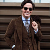 Brown Corduroy 3 Piece Formal Men Suit Fall Winter Warm High Quality Peaked Lapel Custom Groom Wedding Tuxedo jinquedai