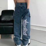 Jinquedai Retro Pockets Letter Embroidery Ripped Casual Jeans Men and Women Straight Harajuku Oversize Streetwear Denim Trousers jinquedai