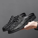 Jinquedai  Black Mules Men Leather Shoes Loafers Crocodile Shoes Men Fashion Half Shoes for Men jinquedai