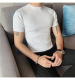 Jinquedai High Quality Summer Short Sleeve Striped Knitted T Shirts For Men Clothing Stretched Slim Fit Casual Tee Shirt Homme 3XL-M jinquedai