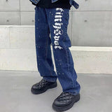High Street Ink Painted Letter Washed Retro Straight Jeans Pants Mens and Womens Hip Hop Loose Oversized Casual Denim Trousers jinquedai