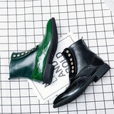 Jinquedai  Green Men Boots High Tube Top Chelsea Mens Boots Italian Button PU Leather Performance Men Art Design Brogue Shoes jinquedai