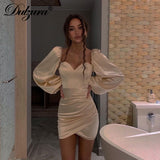 Jinquedai Solid Women Satin Lantern Sleeve Mini Dress Slit Ruched Bodycon Sexy Party Elegant Streetwear Club Spring Summer jinquedai