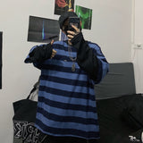 Fake Two Blue Green Striped Vintage Korean Style Fashion Trend Men Long Sleeve T Shirt Loose Print Fall Autumn Teen Clothing New jinquedai