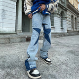 Harajuku Stars Letter Embroidery Patchwork Straight Flare Jeans Pants Mens Retro Ripped Oversized Casual Denim Trousers jinquedai