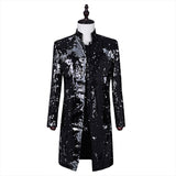 Jinquedai Men's Performance Jacket Black Sequins Suit Men's Suit Stand Collar Nightclub Host Costume Mid-long Coat jinquedai