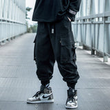 Men Cargo Pants Black Ribbons Block Multi-Pocket Harem Joggers Harajuku Sweatpant Hip Hop Casual Harem Tide Male Trousers jinquedai