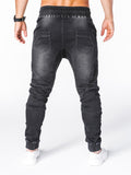 Jinquedai  Solid Color Vintage Man Wrinkle Jeans Blue Classic Cargo Pants Mans Zipper Pockets Hip-hop Denim pants Drawstring Casual Trouser jinquedai