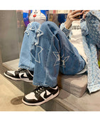 Jinquedai  Woolen embroidered jeans men's spring and autumn new loose straight pants ins trendy American wide leg pants streetwear jinquedai