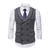 Jinquedai  Men's Double Breasted Vests Wool Fashion Tweed Patchwork Casual Striped Steampunk Waistcoat Men Wedding Slim Fit Male Suit Gilet jinquedai