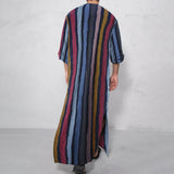 Men's Muslim Long Sleeve Cotton Striped Robes Summer Islamic Arabian Kaftan Suit Middle East Dubai Abaya Retro jinquedai