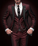 Jinquedai New Arrival Peak Black Lapel Groom Tuxedos Burgundy Men Suits Wedding 3 Pieces(Jacket+Pant+Vest+Tie)traje de novio par